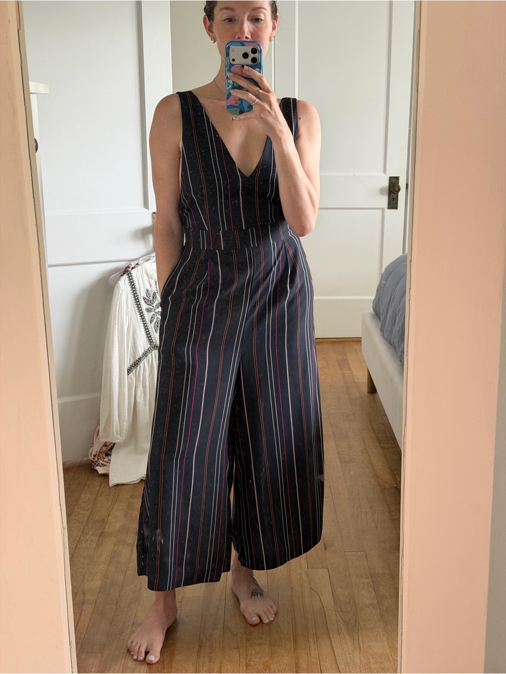 Frank+Oak Navy V-Neck Pinstripe Wide-Leg Jumpsuit